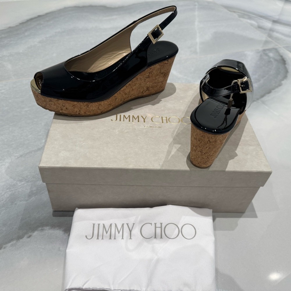 Jimmy Choo Black Patent Wedge Sandals